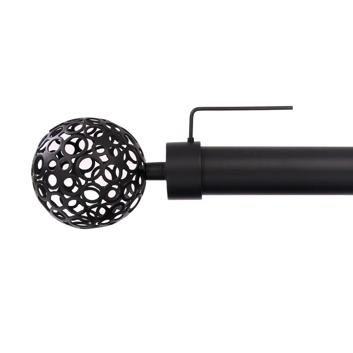 Schwarze Deco-Raum Gardinenstange mit Kugel-Endstück, Detailaufnahme.