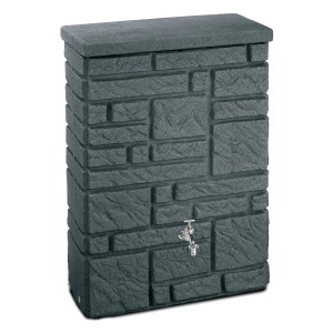 Arves Regentonne Maurano 300 l in Schwarz Granit mit Wasserhahn und Steinmauer-Optik.