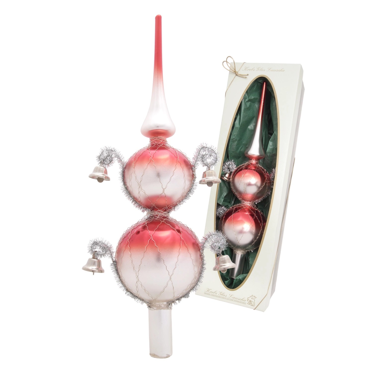 Krebs Glas Lauscha Baumspitze Glöckchen Umsponnen 2-farbig Rot 33cm