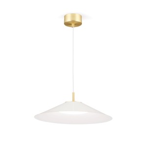 Weiße Orion LED Hängeleuchte Gourmet, Ø 35cm, mit Textilkabel und messingfarbener Aufhängung.