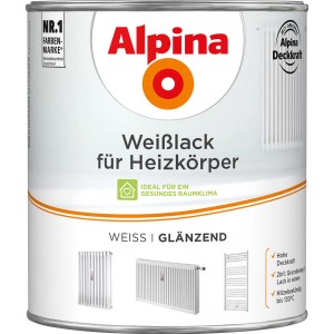 Dose Alpina Heizkörperlack Weiß glänzend, hitzebeständig bis 130°C, 2 Liter.