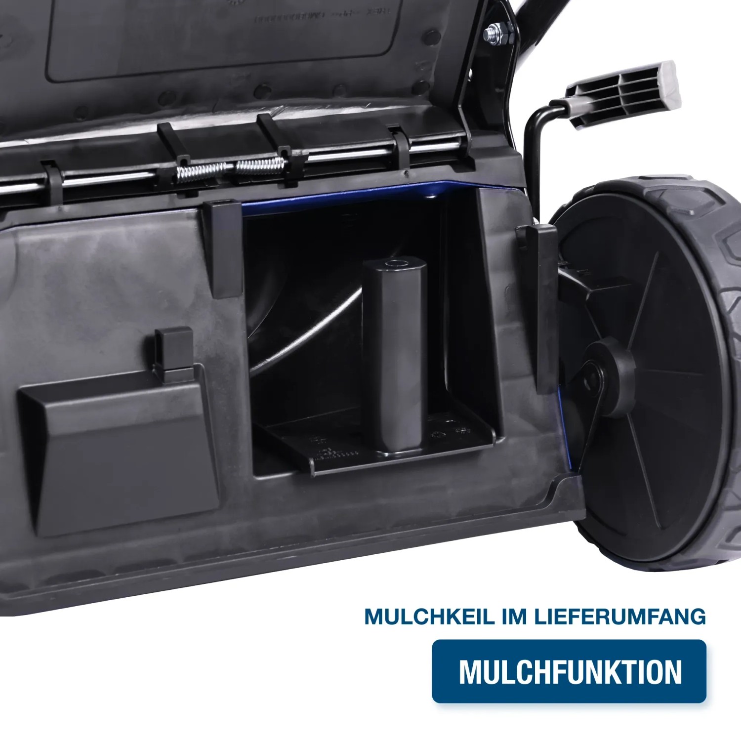 Detailansicht des Hyundai Benzin-Rasenmähers LM5122G mit Mulchfunktion und Mulchkeil.