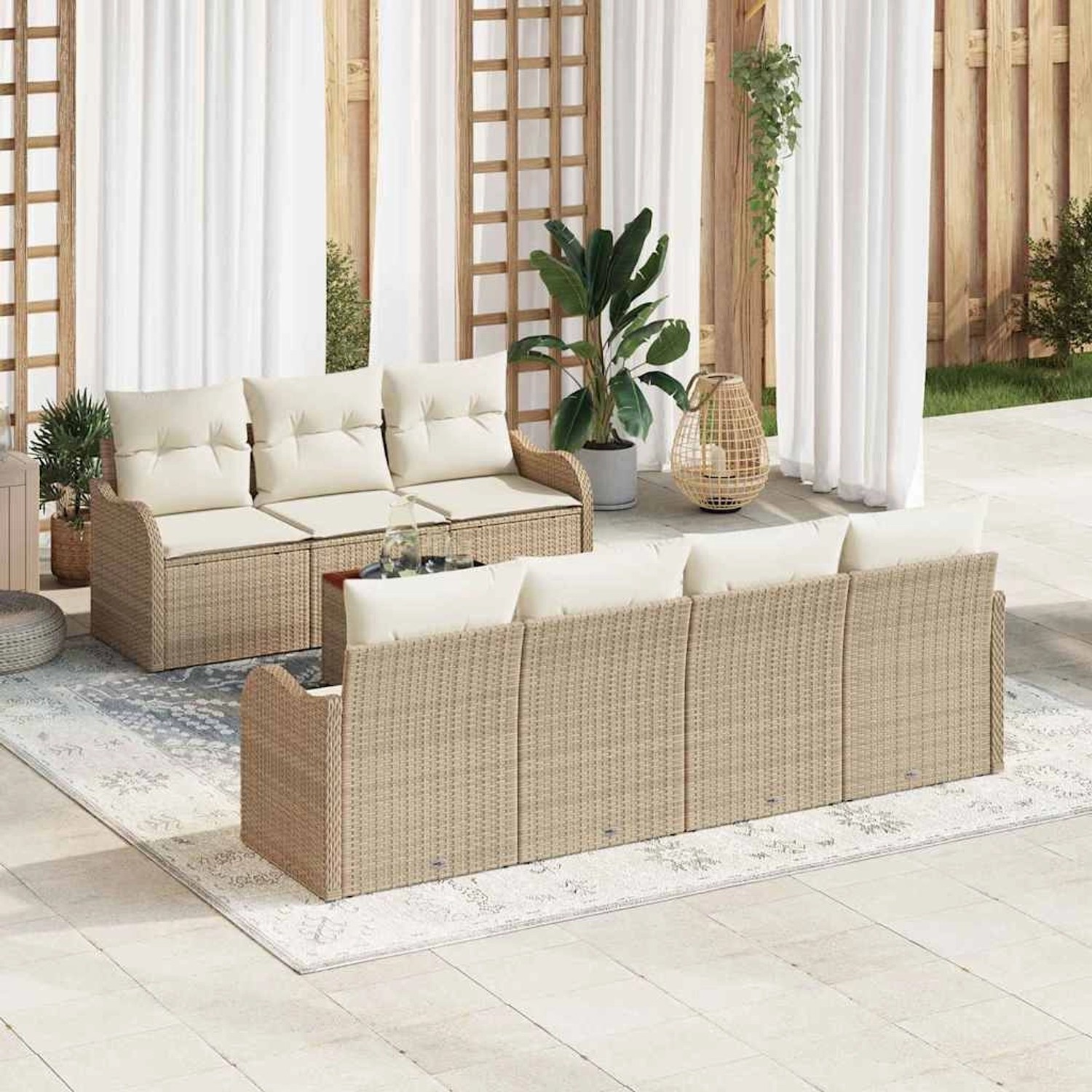 Beige-weißes 8-tlg. vidaXL Garten-Sofa-Set aus Rattan mit Tisch für Terrasse und Garten.