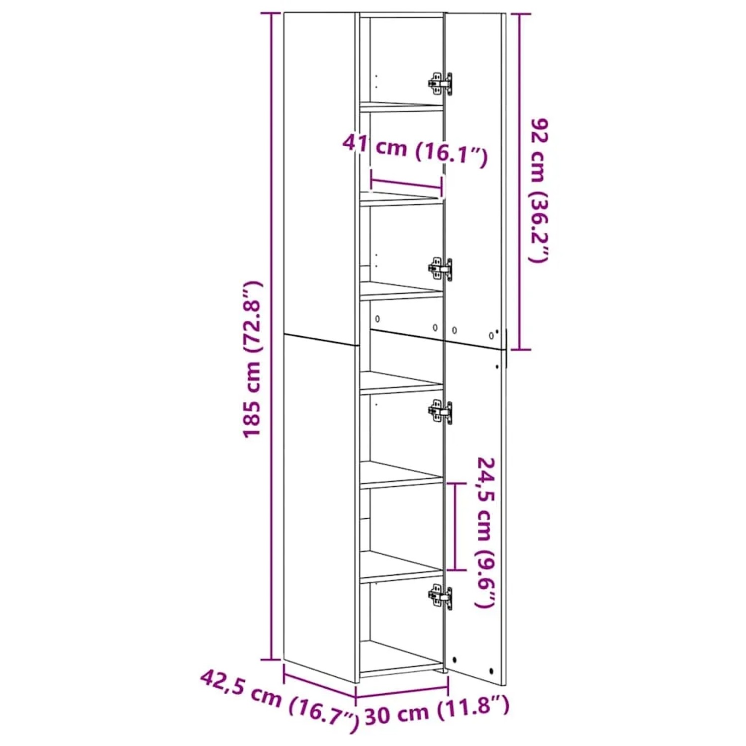 Hohes, schmales, schwarzes Highboard in Eichenoptik mit offenen Fächern und Tür.