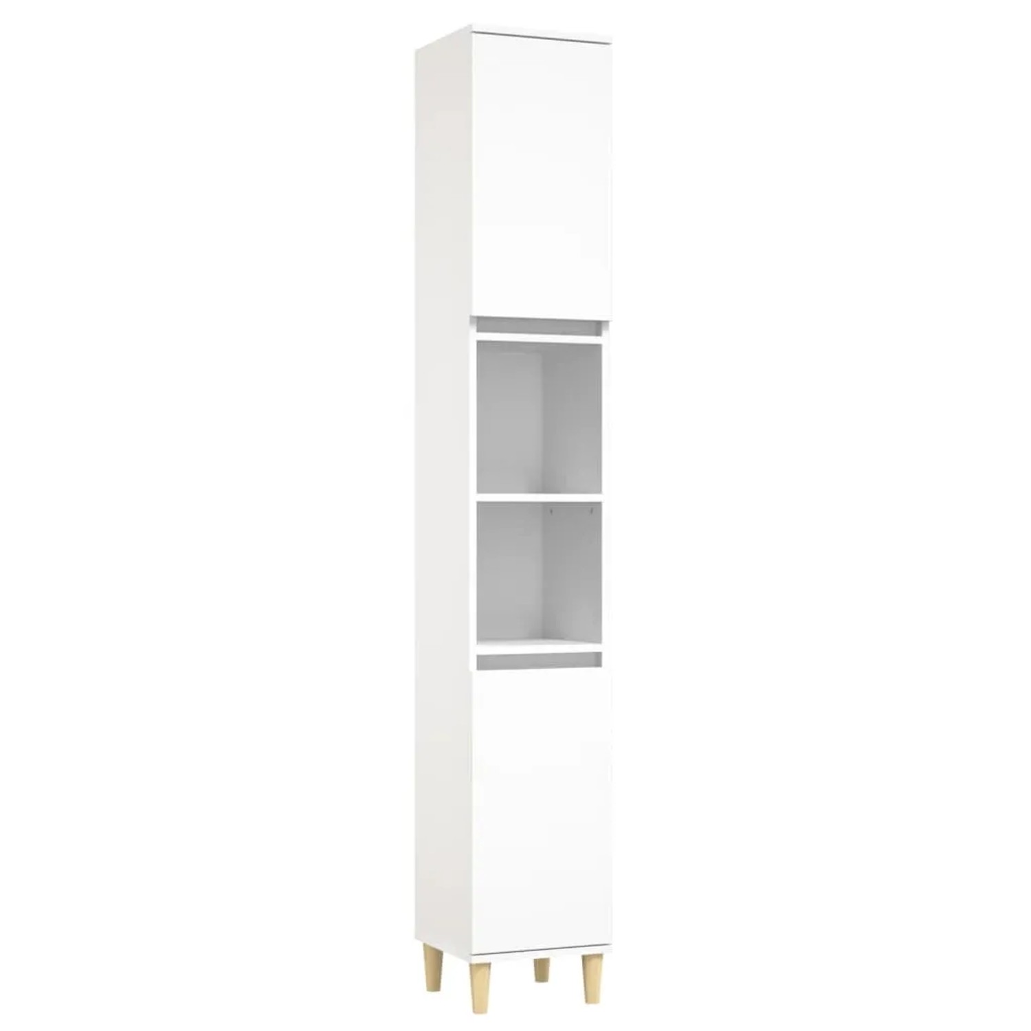 Weißer, schmaler Bad-Hochschrank aus Holzwerkstoff mit offenen Fächern und Füßen aus Eukalyptusholz.