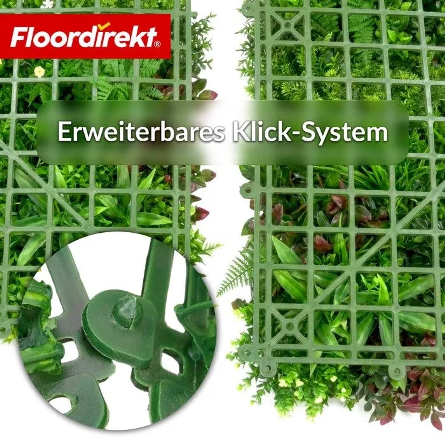 Floordirekt Kunstpflanzenwand mit Klick-System, grüne Blätter und Gräser für modulare Gestaltung.
