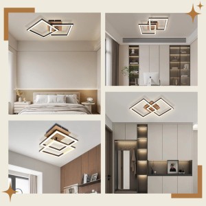 Moderne ZMH LED-Deckenleuchte Schwarz-Holz, eckig, mit ineinandergreifenden geometrischen Formen. Warmes Licht für Wohnräume.