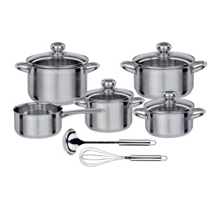 GSW Kochtopf Set Silver Star 11-teilig aus glänzendem Edelstahl mit Glasdeckeln, Schöpflöffel und Schneebesen für Induktion.