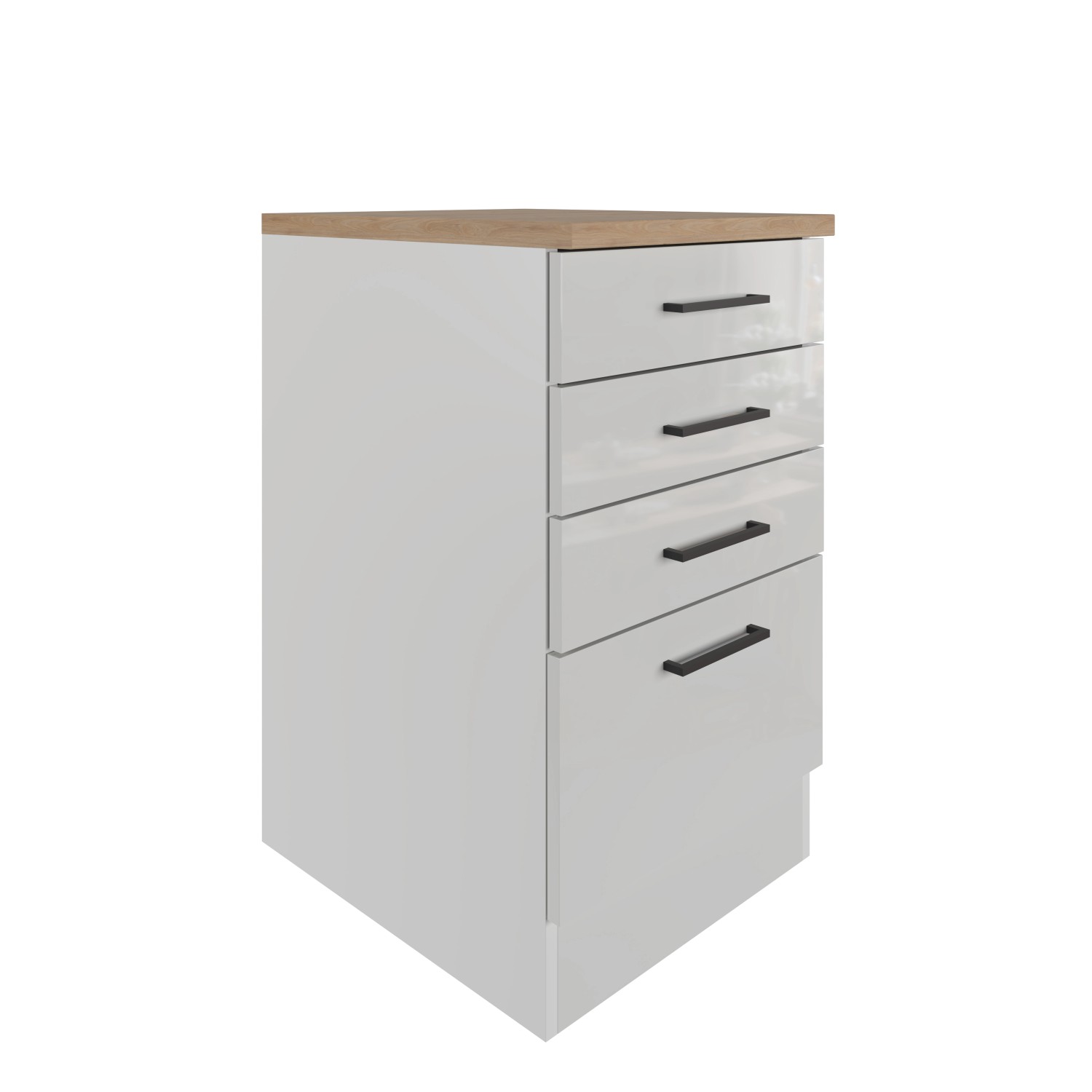 Flex-Well Lund Küchenunterschrank mit 3 Schubladen und Auszug, lichtgrau glänzend und rauchgrau.