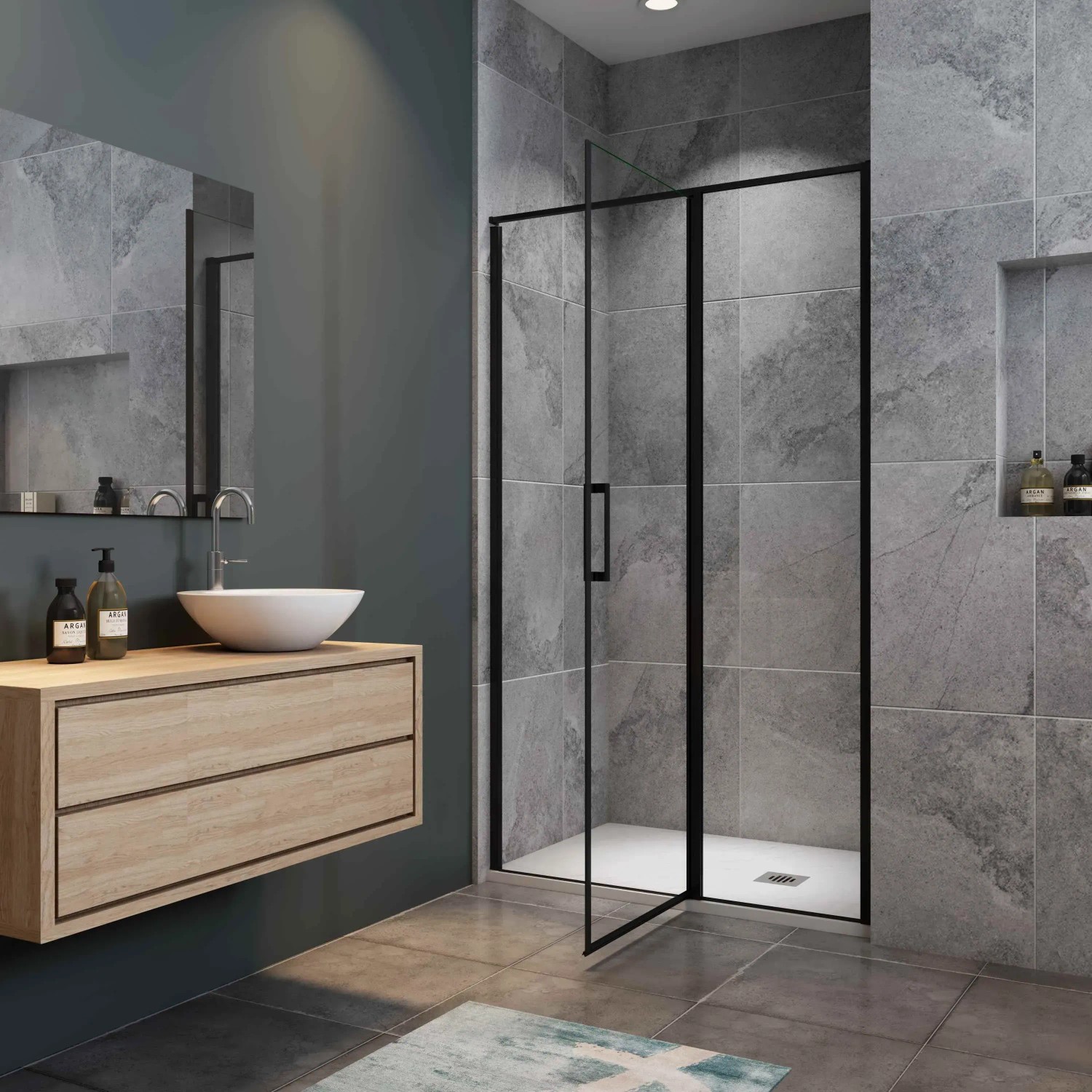 AICA Duschkabine 140x185cm, Drehtür, 6mm Nanoglas, schwarzer Rahmen. Duschabtrennung für barrierefreies Bad.