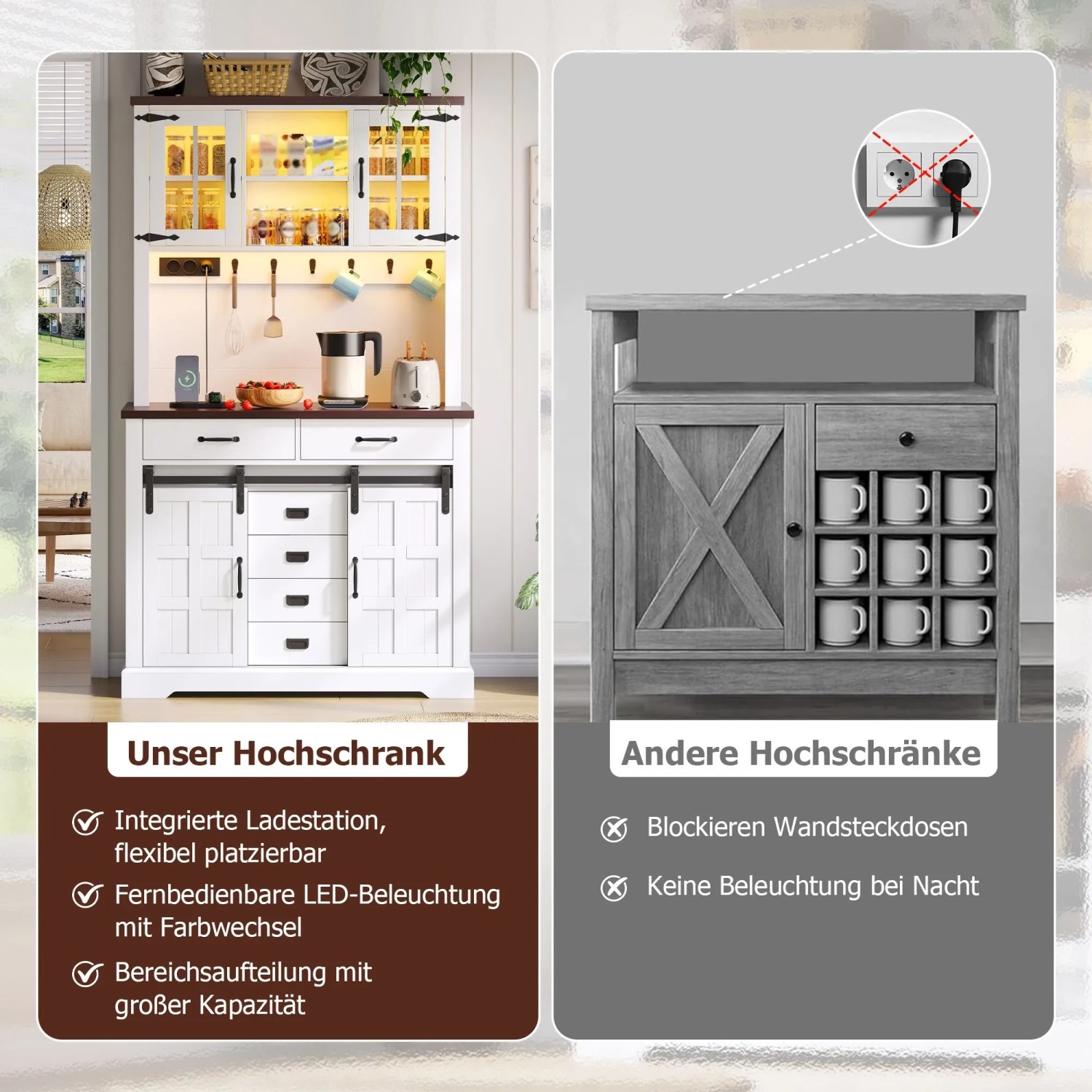 Merax Küchenschrank 180x108x40 cm Weiß LED Steckdose Arbeitsplatte 6 Schubladen_7