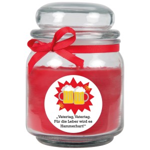 Rote HS Candle Duftkerze im Glas mit Vatertagsmotiv und Schleife.
