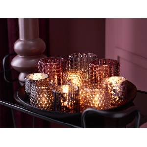 Rosa Teelichthalter Midnight Mystery aus Glas, 9 cm, mit strukturierter Oberfläche.