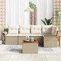 Beiges 6-teiliges Garten-Sofa-Set aus Poly Rattan mit Tisch und Auflagen. Modulares Lounge Set für Terrasse und Garten.