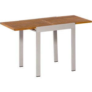 Ausziehbarer Balkontisch mit Akazienholzplatte und silbernem Gestell, Maße 65/130x65 cm.