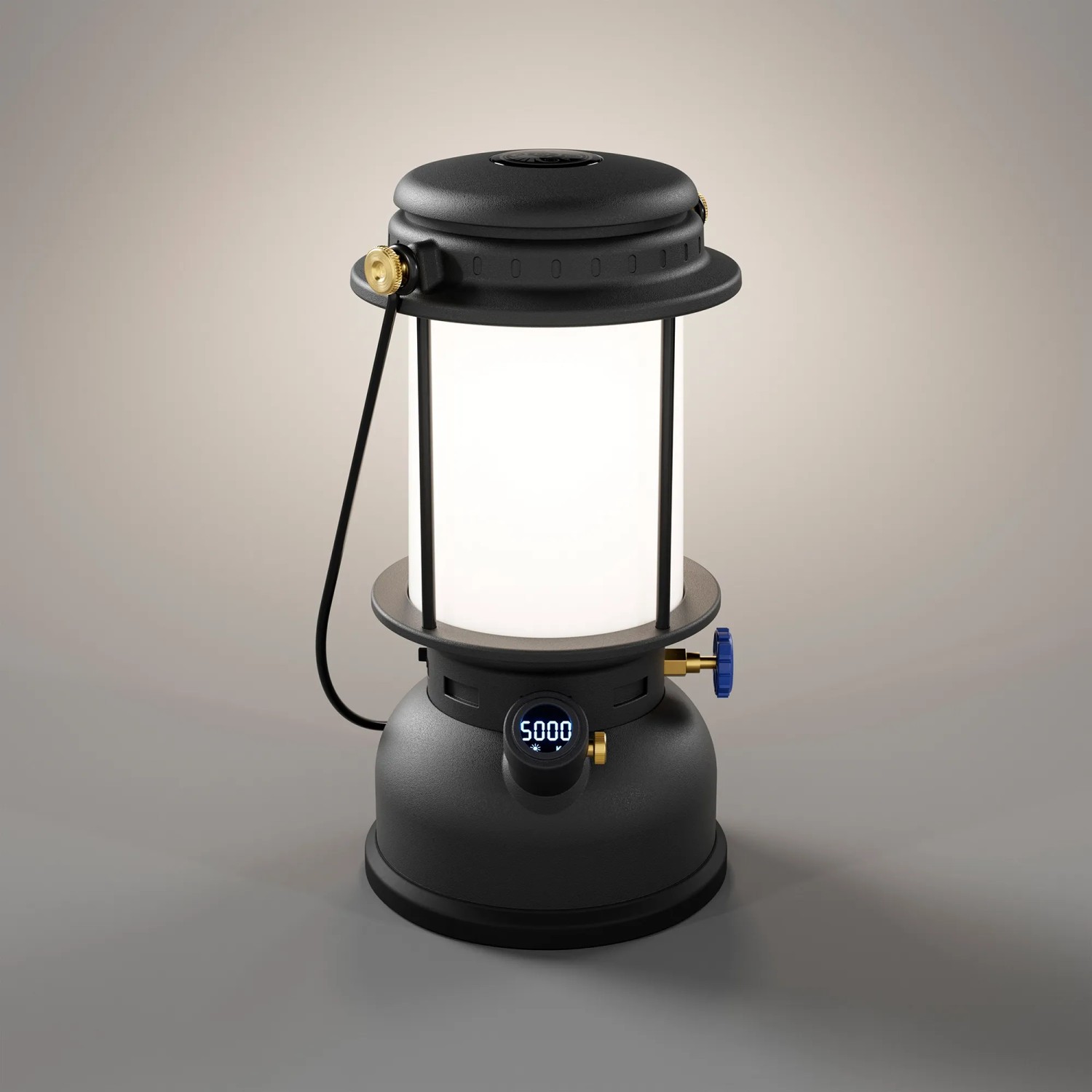Schwarze Petromax LED-Laterne PX-LM500 für Camping mit 160h Leuchtdauer und digitaler Anzeige.