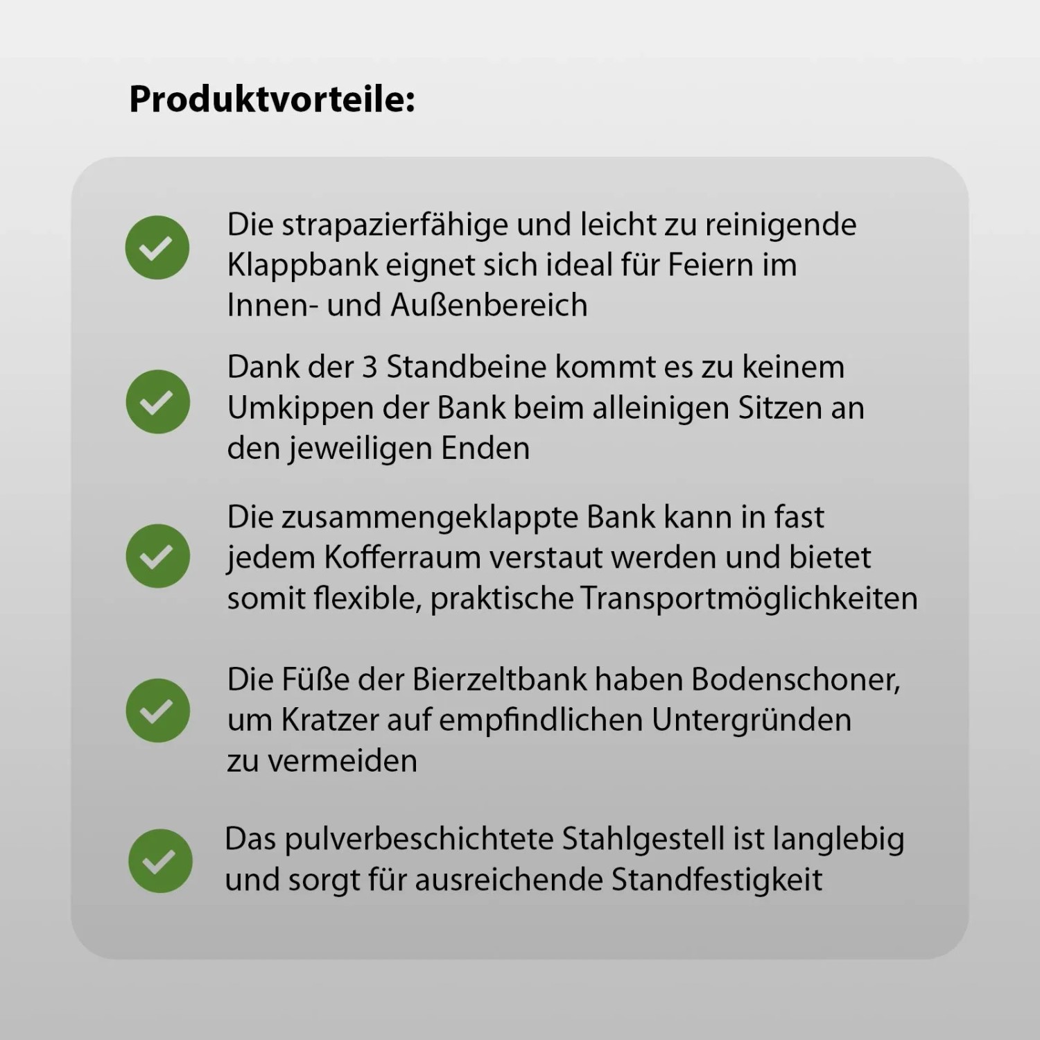 Produktvorteile der TRUTZHOLM Bierzeltbank: Klappbar, robust, leicht zu reinigen und mit Bodenschoner.