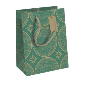 Grüne Clairefontaine Geschenktasche M mit Weltkarten-Muster, Seilhenkeln und Anhänger. Ideal für Geschenke.