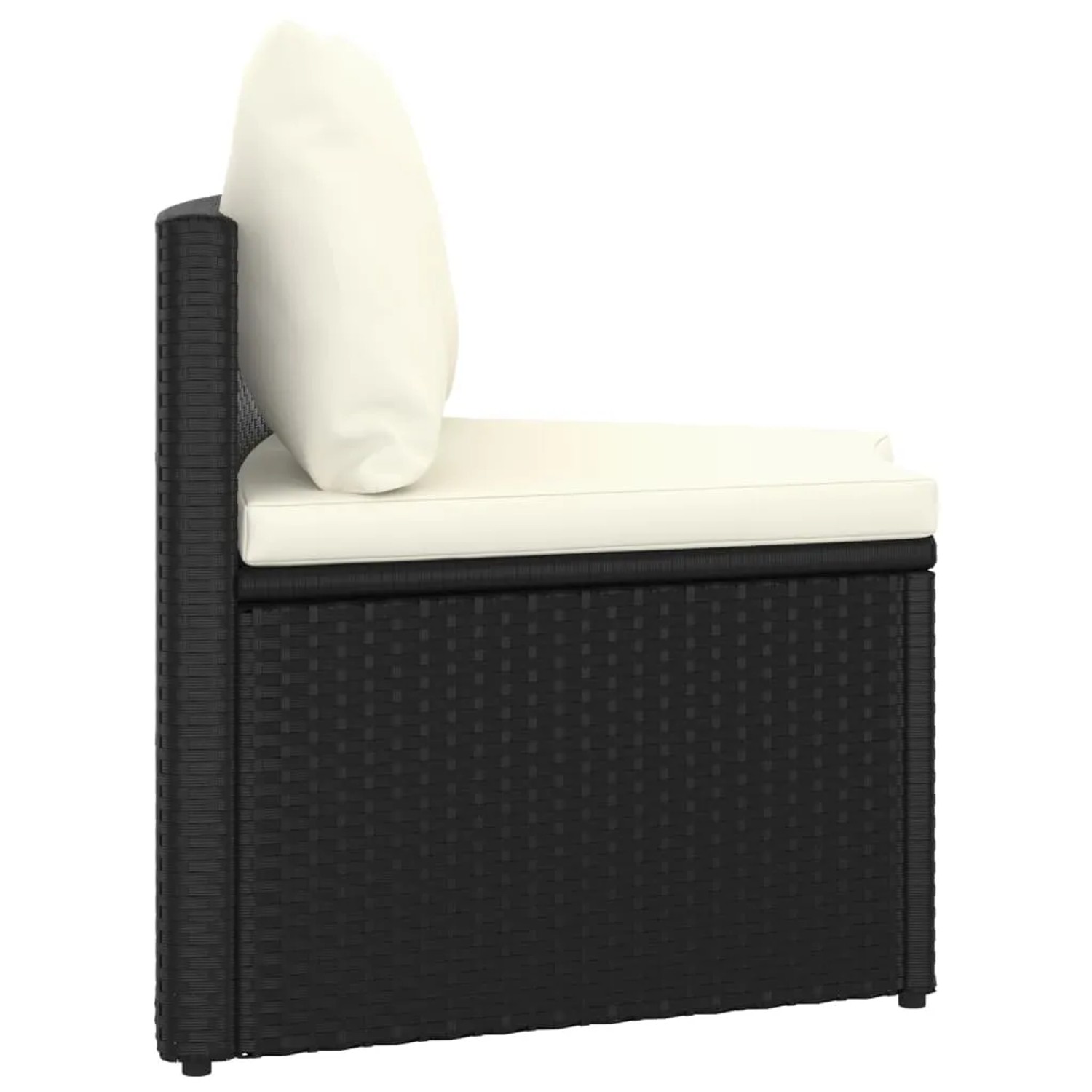 Schwarzes vidaXL Gartensofa aus Rattan mit cremefarbenen Auflagen. Teil einer 7-tlg. Garnitur.