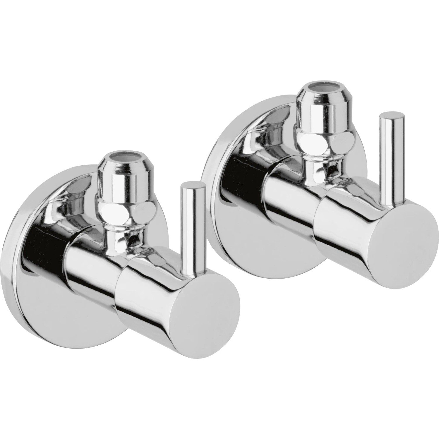 Zwei glänzende Eckventile aus Chrom für ein Handwaschbecken-Set.