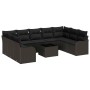 Schwarzes 10-teiliges vidaXL Garten-Sofa-Set aus Poly Rattan mit Kissen und Tisch.