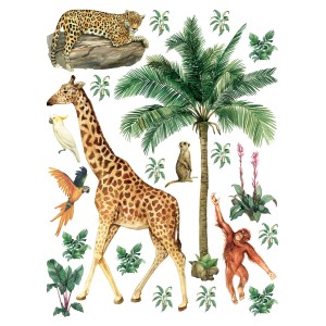 Wandtattoo Dschungeltiere: Giraffe, Leopard, Affe, Erdmännchen, Papagei und Pflanzen in Dschungelgrün.