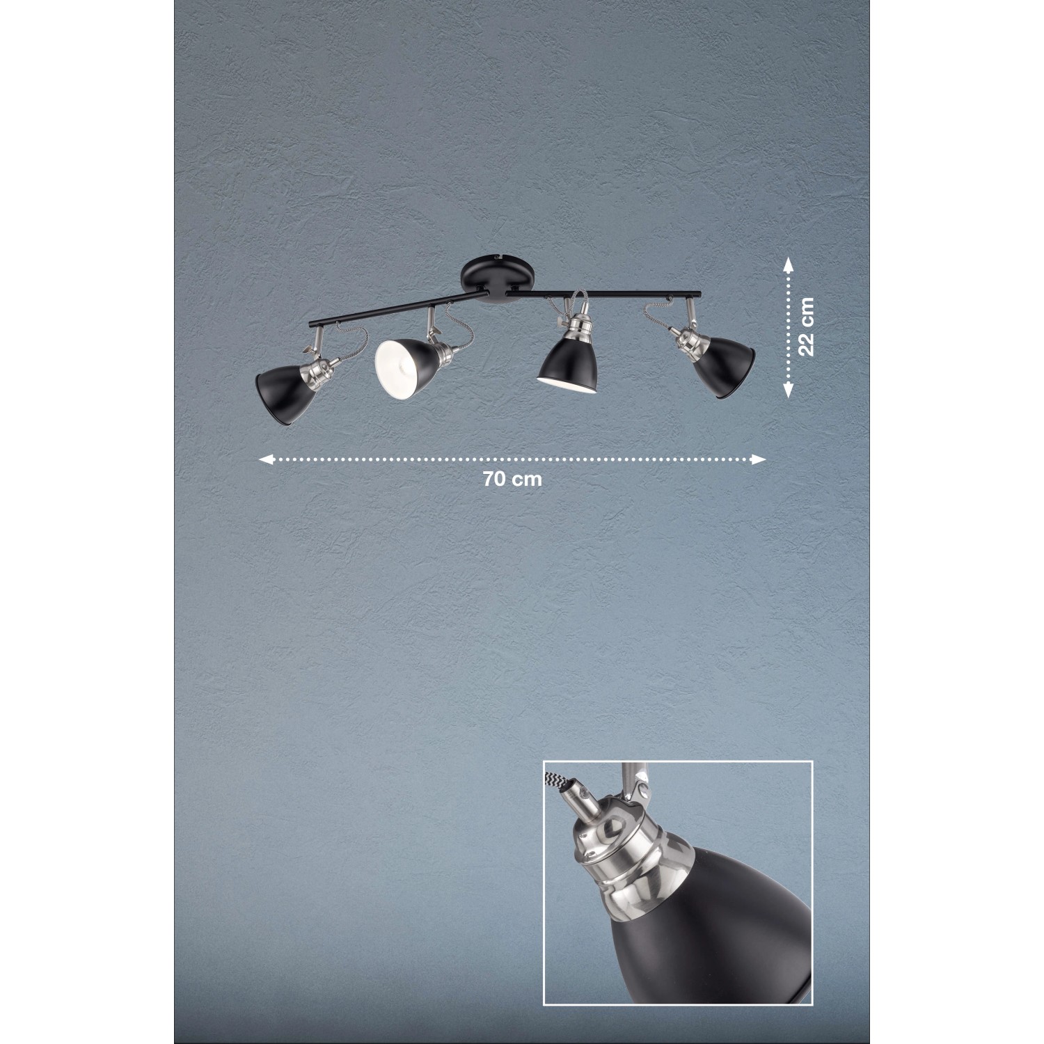 Schwarze, 4-flammige Fischer & Honsel Deckenleuchte Wales, 70 cm breit, für Spots im Retro-Design.