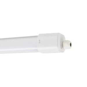 Weiße Eglo LED-Feuchtraumleuchte Slim, 149,5 cm, Detailaufnahme des Endstücks mit Kabelanschluss.