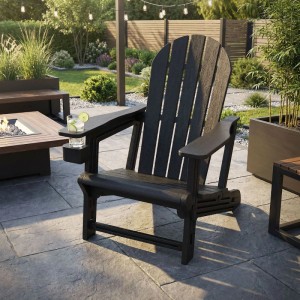 Schwarzer ML-Design Adirondack Gartenstuhl aus Kunststoff mit Getränkehalter.