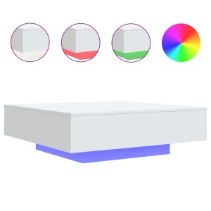 Weißer Couchtisch mit LED-Beleuchtung, quadratisch, für Wohnzimmer.