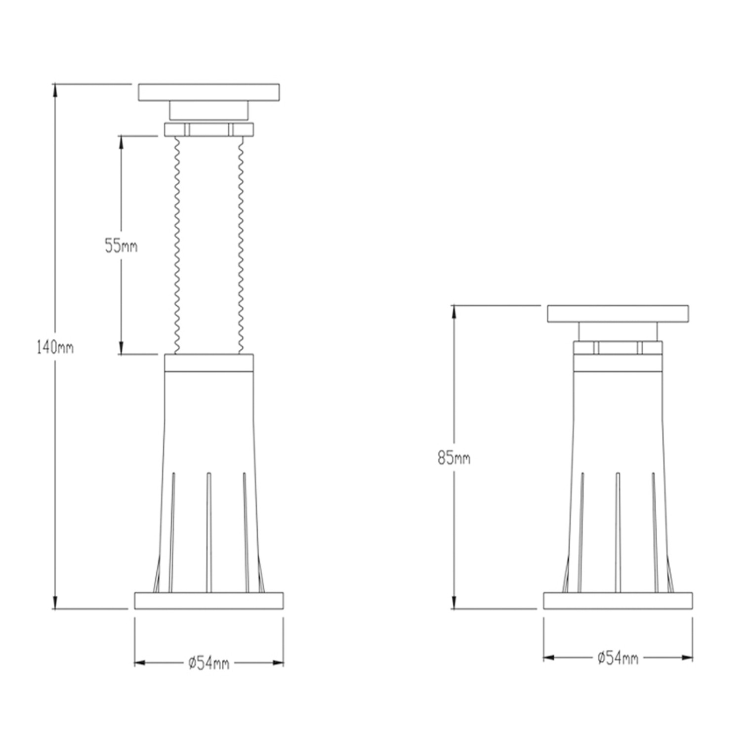 Technische Zeichnung: AICA Stellfüße für Duschwanne, verstellbar von 85 bis 140 mm, Durchmesser 54 mm.