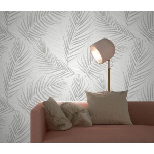Erismann Vliestapete mit Palmblätter-Muster in Grau, Teil der Guido Maria Kretschmer Kollektion.