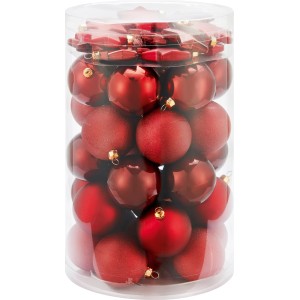 50-teiliges Weihnachtskugel-Set (Ø 6cm) in Burgunderrot mit Kugeln und Sternen im transparenten Behälter.