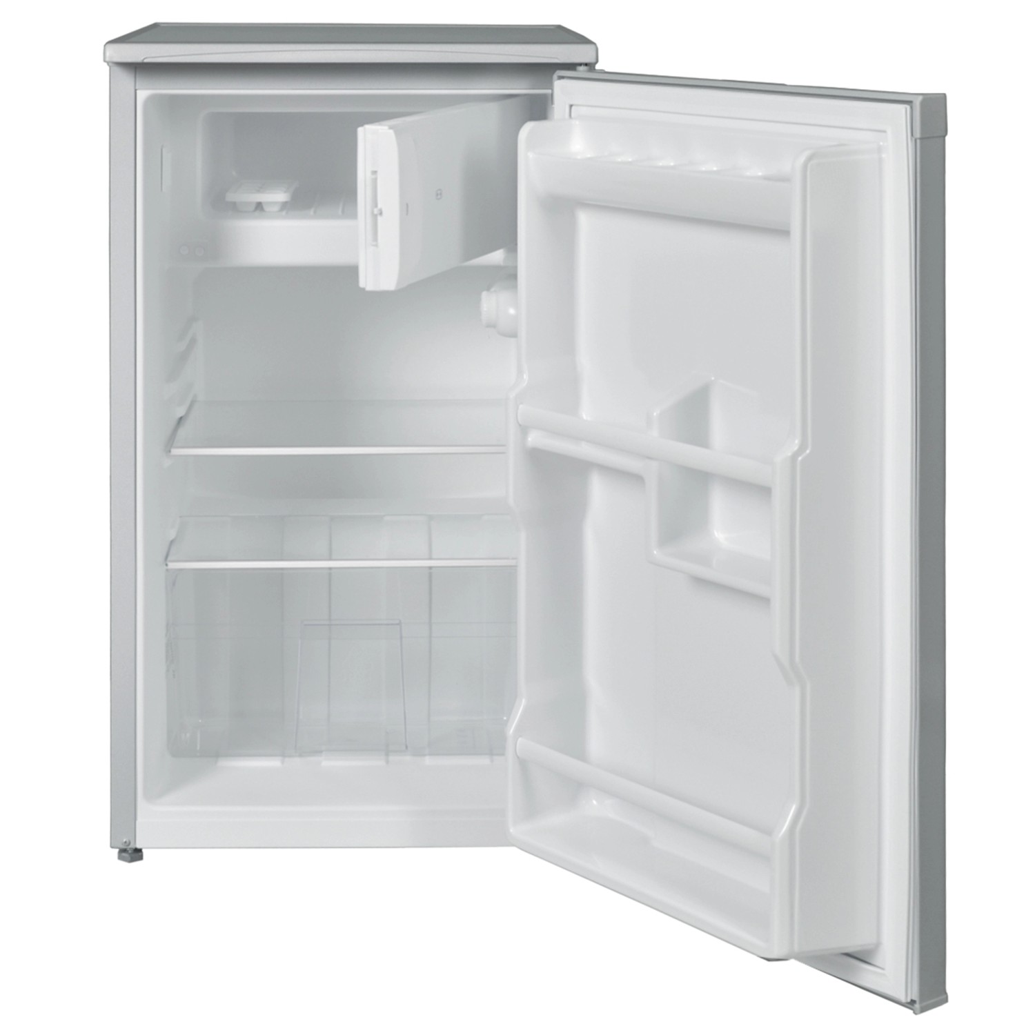 Telefunken Kühlschrank mit Gefrierfach, 81 Liter, offene Tür zeigt Innenraum mit Glasablagen.