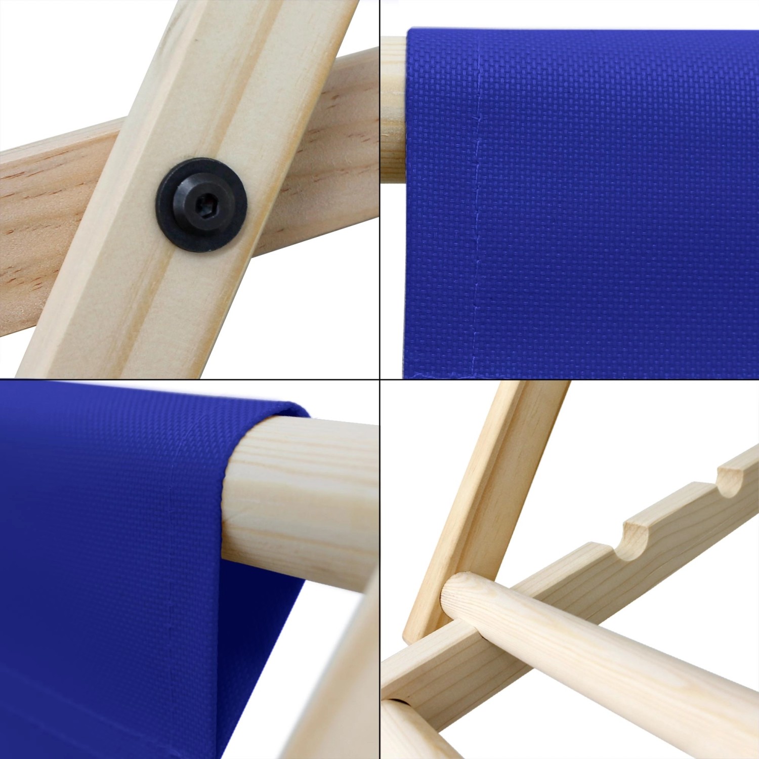 Detailansicht: Blaue ECD Germany Sonnenliege aus Holz, klappbar und verstellbar.