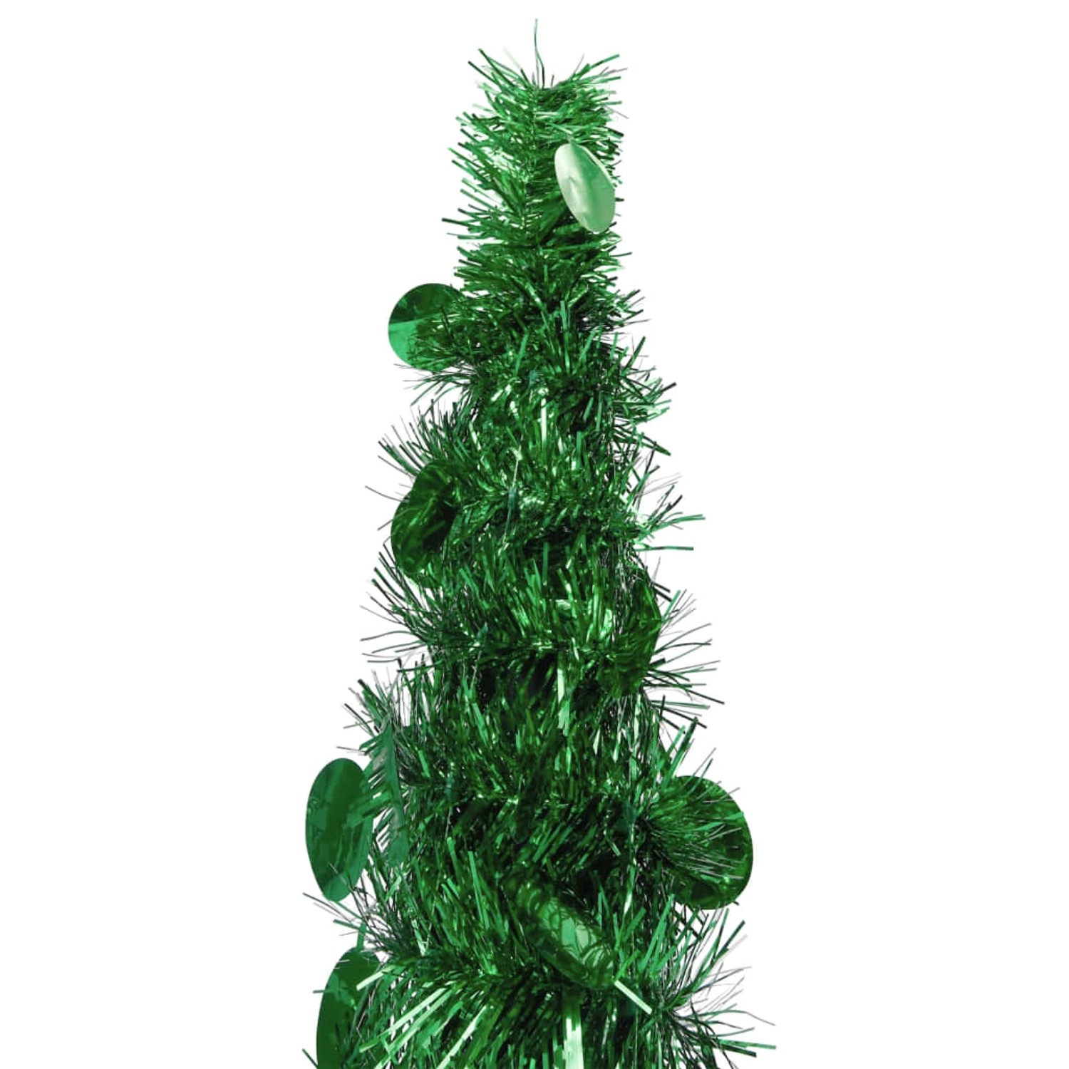 Grüner, künstlicher Pop-Up Weihnachtsbaum (150 cm) mit runden, glänzenden Elementen.