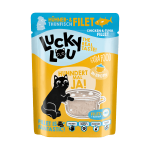 Lucky Lou Katzen-Nassfutter Hühner & Thunfisch in Broth, gelbe Verpackung mit Katze.