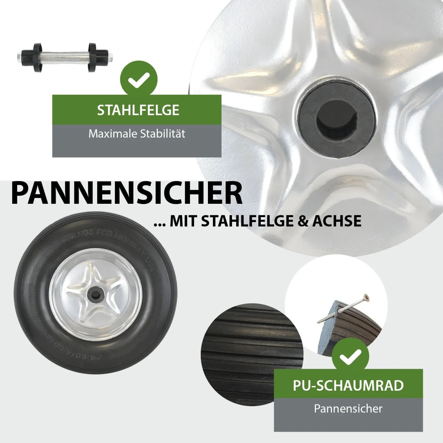 TRUTZHOLM Schubkarrenrad aus PU-Schaum, pannensicher, mit robuster Stahlfelge und Achse, Größe 4.80 4.00-8.