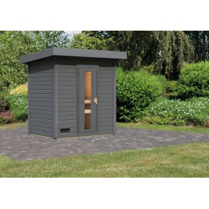Karibu Saunahaus Arvi 1 in Terragrau mit Holztür und Glaseinsatz im Garten.
