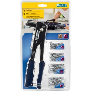 Rapid Nietzange RP10 mit 100 Nieten in verschiedenen Größen.