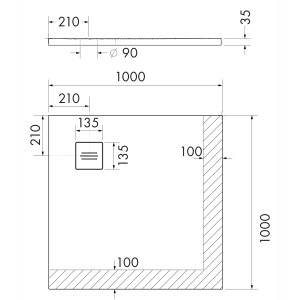 Technische Zeichnung Ottofond Duschwanne Nevis, quadratisch, 100x100 cm, Maße und Ablaufposition.