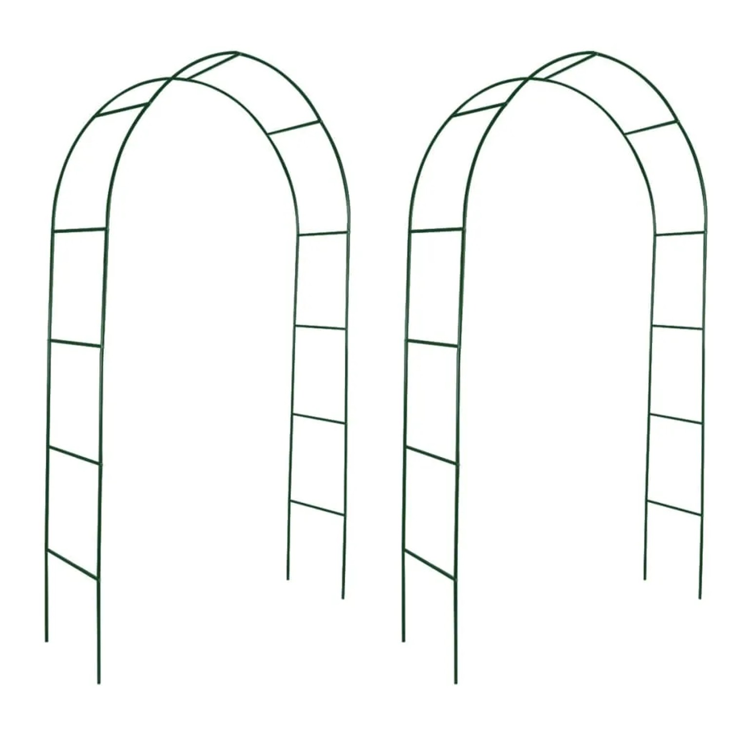 Zwei grüne Rosenbögen aus Metall für Kletterpflanzen im Garten.