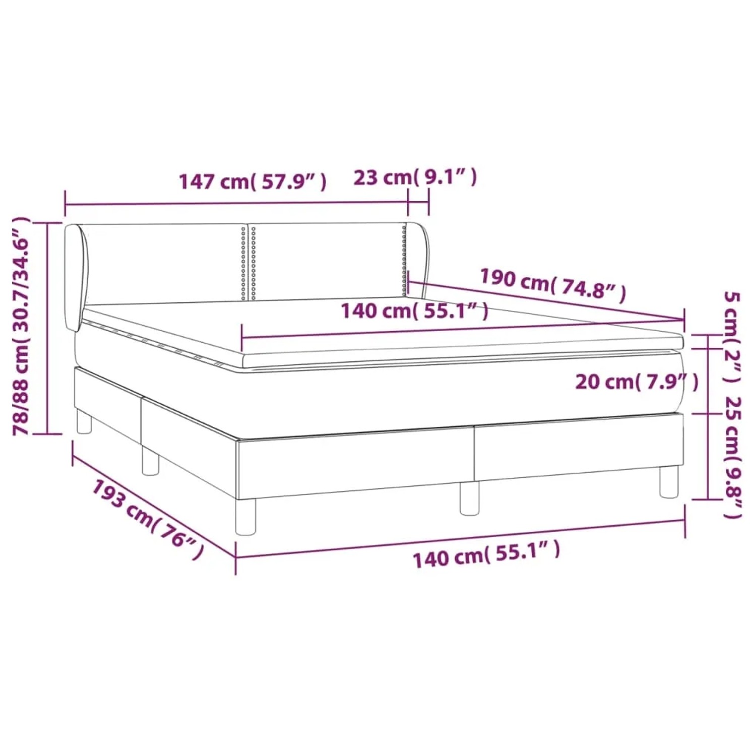 vidaXL Boxspringbett schwarz, 140x190 cm, Samt. Bett mit Matratze und Kopfteil, Größenangaben.