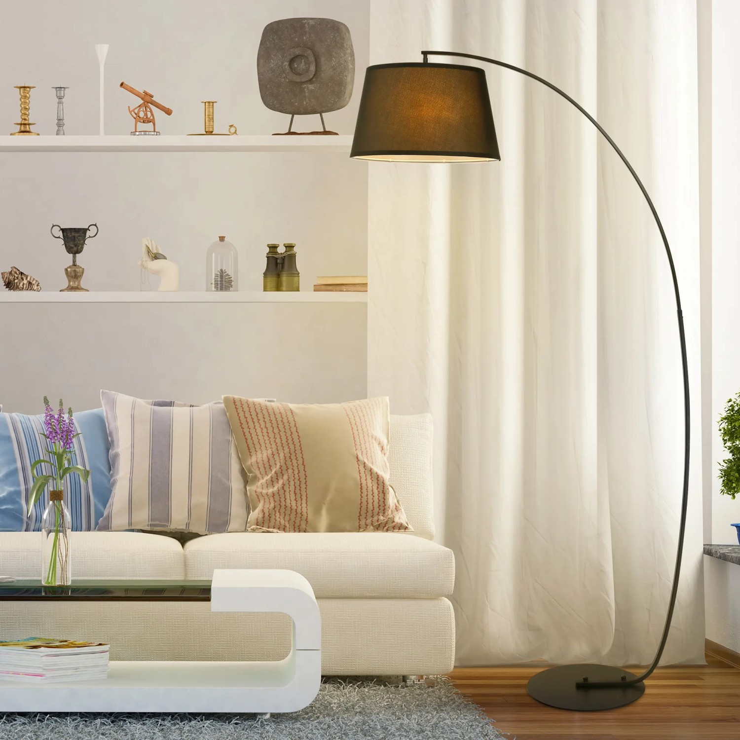 Schwarze HOMCOM Stehlampe mit Stoffschirm, Bogenleuchte für Wohnzimmer und Schlafzimmer.