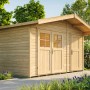 Unbehandeltes Weka Holz-Gartenhaus Lago mit Satteldach, 400x320 cm, im Garten.