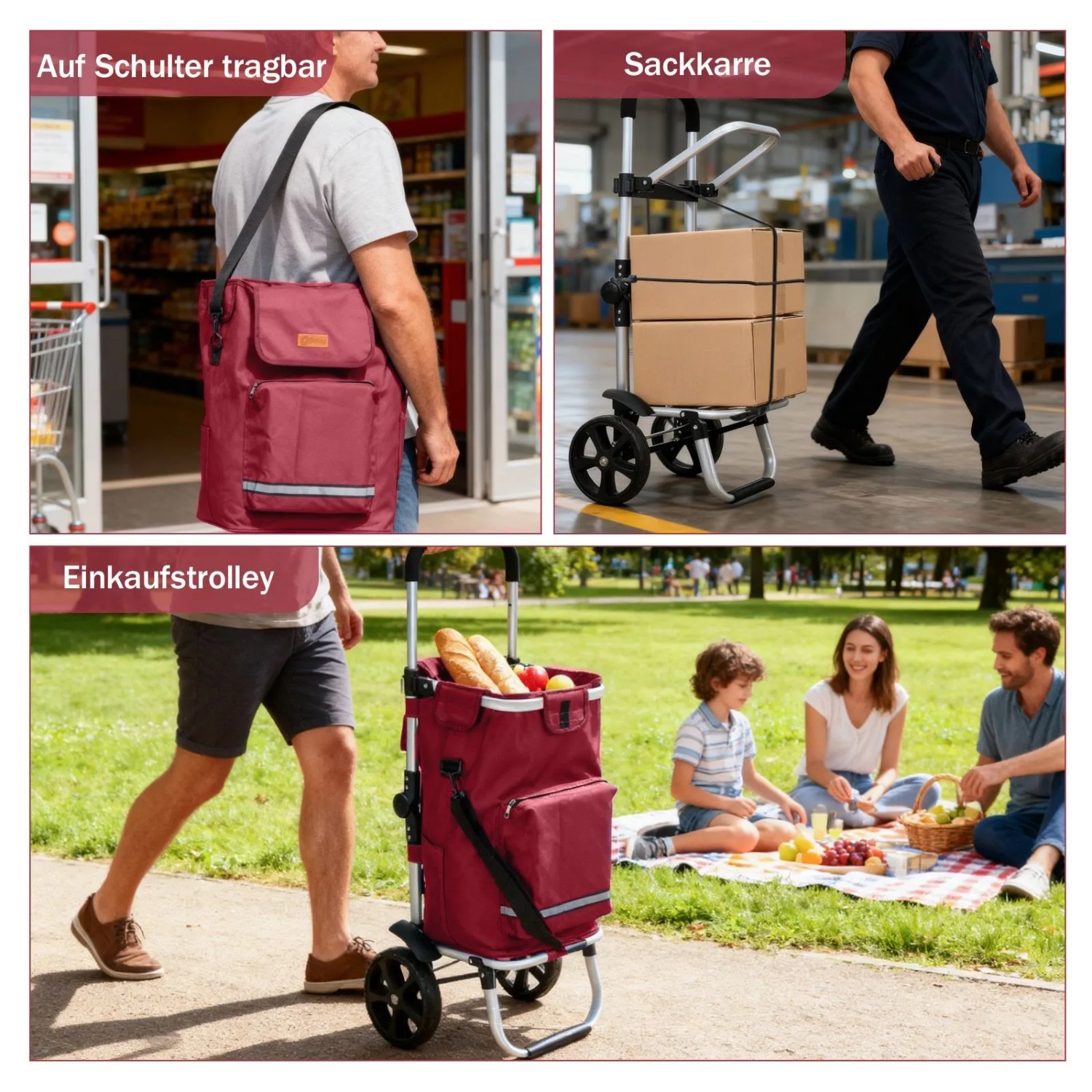 Sekey 3-in-1 Einkaufsroller rot: Faltbarer Trolley als Einkaufswagen, Sackkarre und Umhängetasche.