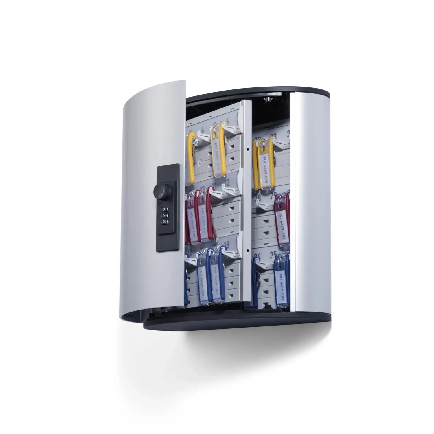 Geöffneter, silberner Durable Schlüsselkasten mit Zahlenschloss und farbigen Schlüsselanhängern.