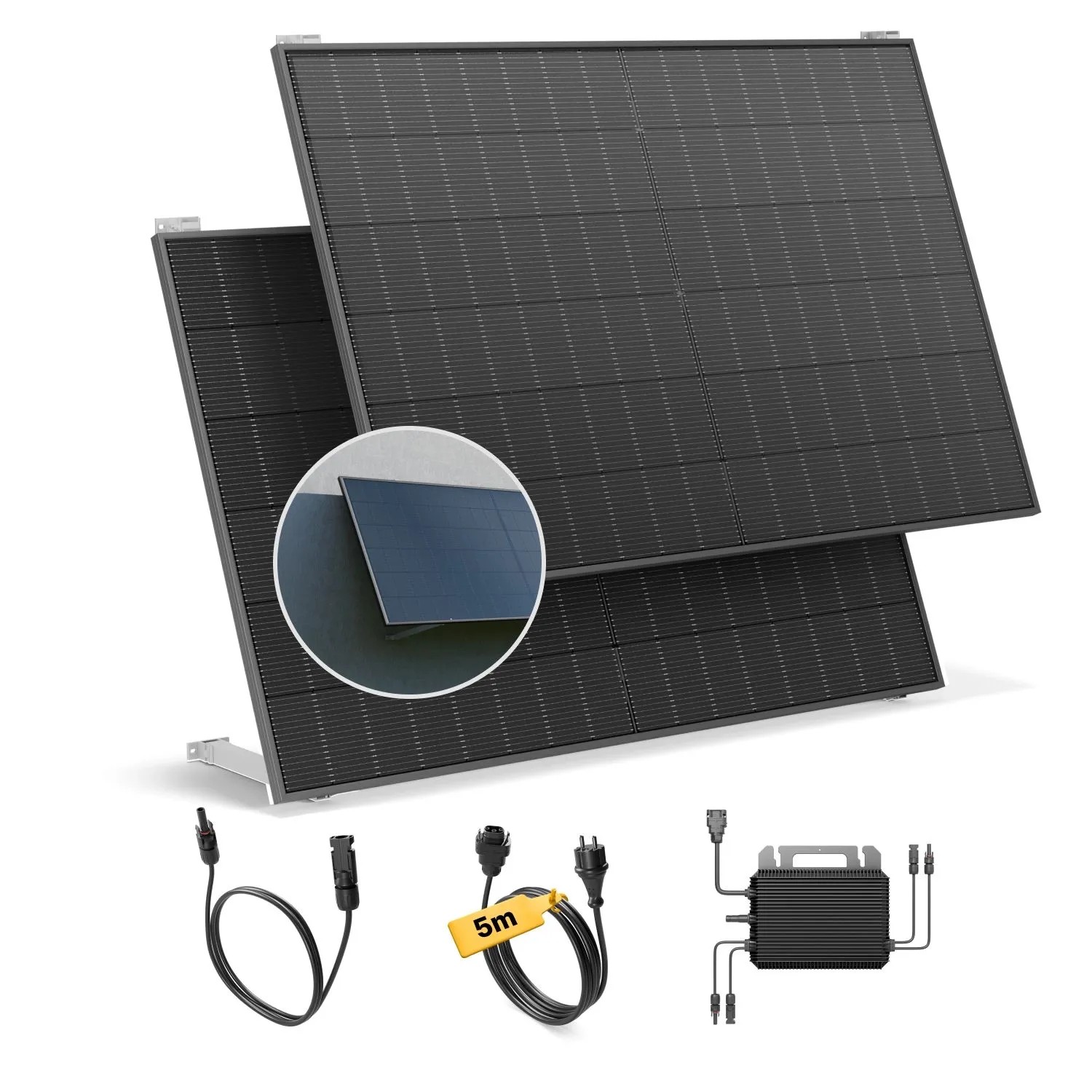 Solakon Balkonkraftwerk 900W: Zwei Solarmodule, Wechselrichter, 5m Anschlusskabel und Modulkabel. Steckerfertige Photovoltaik.
