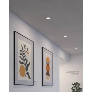 Eingebaute, dimmbare, weiße Eglo LED-Einbauspots Fueva 5 (Ø 11,7 cm, 3.000K) in Decke.