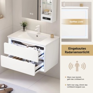 PXloue Badmöbel Set 76 cm Badezimmerschränke Wandhängend mit Waschbecken LED Sensor 2 Schubladen Weiß